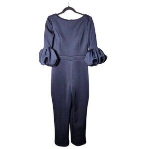 Jovani Womens Navy Blue Jumpsuit Size 10 Puff Sleeves Formal Elegant Stretch